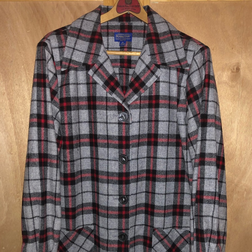 Pendleton Red Black Gray Plaid Button Front Wool Blazer Jacket XL